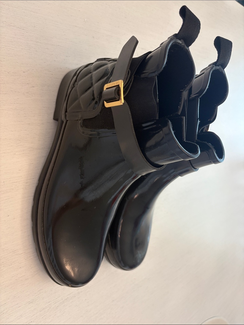 Hunter Black Rubber Rain Boots with Logo Sole